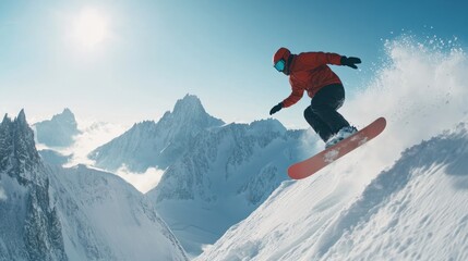 A snowboarder mid-air on a snowy mountain, showcasing winter sports and adventure.