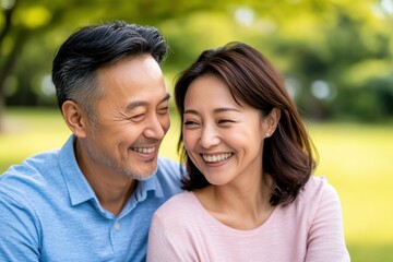 Fototapeta premium A joyful couple sharing a moment of laughter in a serene outdoor setting, surrounded by lush greenery.
