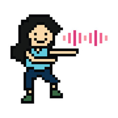 Cute cartoon pixel character cute woman exercises training dance lifestyle music decoration life style 8 bit female girl dance with music game fitness isolated PNG vector.