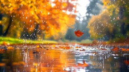 landscape autumn rain drops splashes in the forest background, october weather landscape