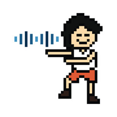 Obraz premium Cute cartoon pixel character cute man exercises training dance lifestyle music decoration life style 8 bit male boy dance with music game fitness isolated PNG vector.