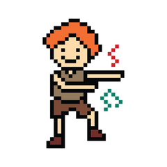 Obraz premium Cute cartoon pixel character cute man exercises training dance lifestyle music decoration life style 8 bit male boy dance with music game fitness isolated PNG vector.