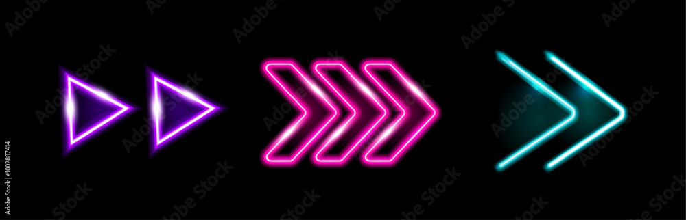 Poster Neon realistic arrow icons. Vector isolated glowing swipe up signs, outline pointer silhouette. Arrowhead and cursor navigation, movement direction and motion way. Symbols for user interface