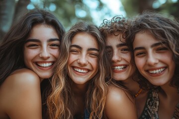 Fototapeta premium Friends having fun together at park lauging and hugging, Friendship and lifestyle concepts, Generative AI
