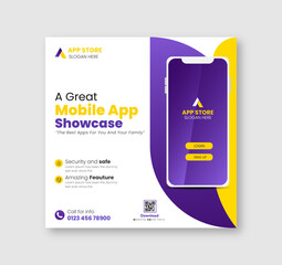 Modern mobile app promotion social media banner design, Instagram post, poster template