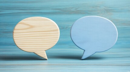 Two wooden speech bubbles, one natural wood and one blue, resting on a wooden background The image represents communication, dialogue, or discussion in a simple and modern way