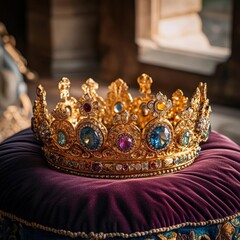 Fototapeta premium Capture the worms-eye view of a golden crown on a velvet pillow, highlighting intricate gem details