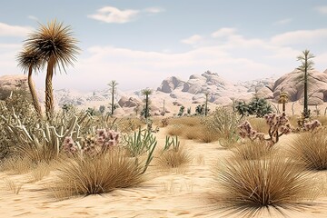 Desert landscape, dry grass and yellow sand