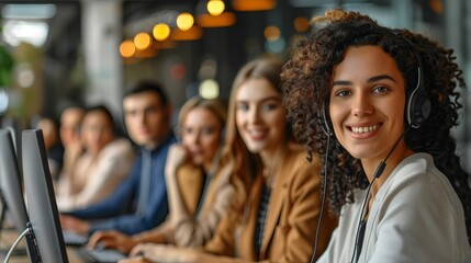 Fototapeta premium cheerful woman wearing headphones, working in a modern office environment with colleagues, showcasing teamwork and collaboration.