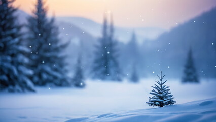 Fototapeta premium Snowy winter landscape with small evergreen tree, calm and serene atmosphere, soft colors, nature background