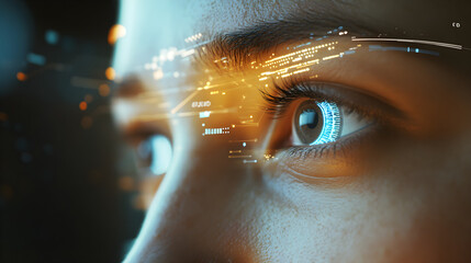 close up of persons eye with digital elements, showcasing technology and innovation