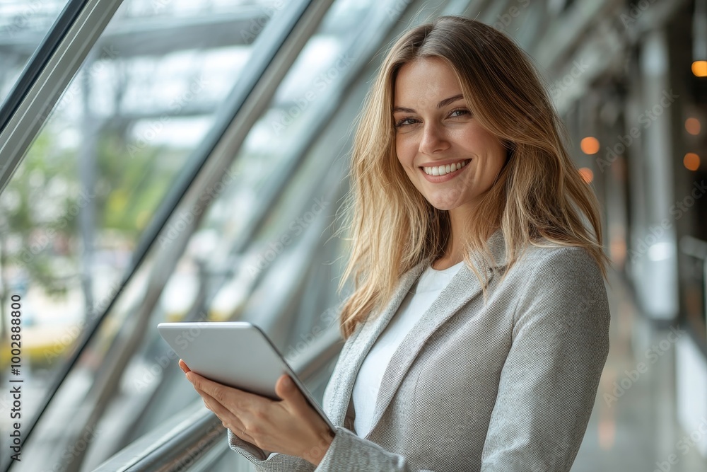 Canvas Prints Business woman on a digital tablet outside a modern office alone. Smiling corporate worker looking at web and social media posts on a balcony. Female employee on a touchscreen device, Generative AI