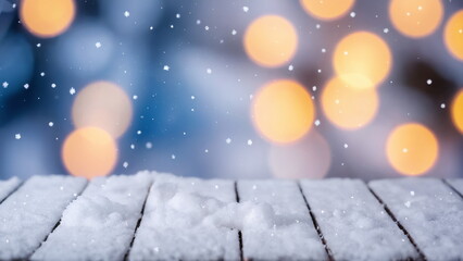 Fototapeta premium Snowy wooden surface with blurred festive lights, cozy and cheerful atmosphere, soft colors, holiday background