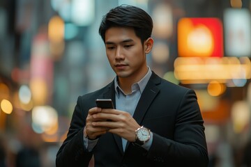 young smart asian business man wearing modern black suit looking at his watch and making phone call with mobile smart phone in city background, network connection, tech communication, Generative AI