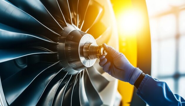 Skilled technician tightening bolts on a jet engine, focusing on the detailed mechanics and industrial setting, symbolizing expertise in aircraft maintenance, good fingers, good hand