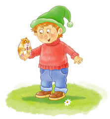 Our favorite pets. A cute and funny gnome with his favorite hamster. Illustration for children. Cute and funny cartoon characters. Character design. 