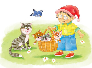 Our favorite pets. A cute and funny gnome with his favorite cat and kittens. Illustration for children. Cute and funny cartoon characters. Character design. 