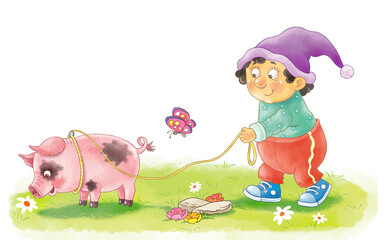 Our favorite pets. A cute and funny gnome with his favorite piglet. Illustration for children. Cute and funny cartoon characters. Character design. 