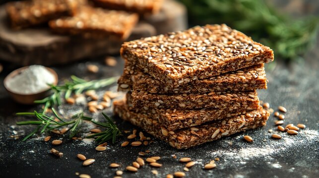 Crispy multigrain bread slices with seeds, placed on a rustic surface with flour scattered around, highlighting the artisanal quality, crispy bread, healthy snack