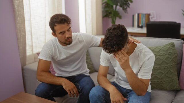 Father comforting son in living room with loving support while son appears sad and distressed, both wearing white shirts and jeans, sitting on sofa in modern, cozy home interior