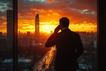 Silhouette of a hispanic businessman talking on the phone while standing near a panoramic window of a luxury office skyscraper with a roadway and a high-rise with a spire outside, Generative AI