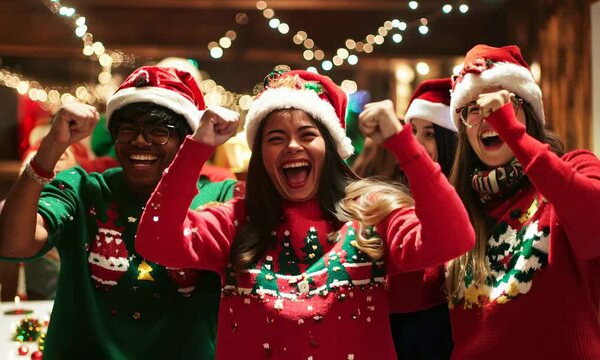 Happy joyful people in Santa hats and beautiful sweaters at the Christmas party