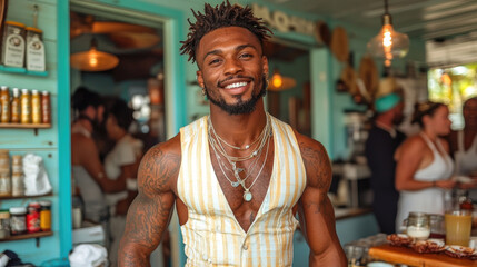A cheerful man with an engaging smile is surrounded by friends, celebrating at a beachside restaurant with a lively atmosphere on a sunny day