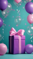 Purple gift box with pink ribbon surrounded