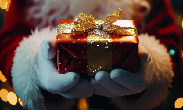 A gift in his hands, Santa presents a Christmas present in a box with a ribbon and a bow