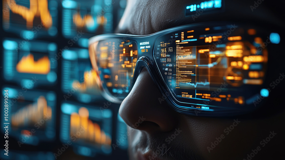 Poster a technician uses augmented reality glasses to analyze complex data visuals in a high-tech office du