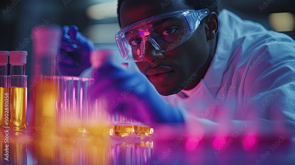 Poster a focused scientist carefully analyzes colorful liquids in test tubes, showcasing the experimentatio