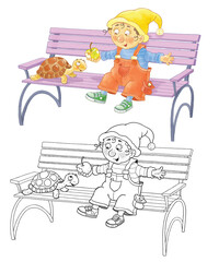 Our favorite pets. A cute and funny gnome with his favorite tortoise . Illustration for children. Cute and funny cartoon characters. Character design. 
