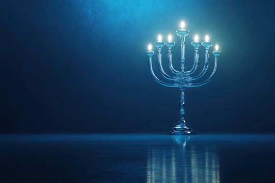 Elegant hanukkah menorah with lit candles on reflective surface
