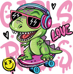 Obraz premium Girl dinosaur on skateboard. Typography print for kids . Original design with t-rex, dinosaur. print for T-shirts, textiles, wrapping paper, web. 