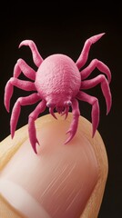 Close-up of a pink spider sitting on a human fingertip, against a dark background. High-detail macro photography. Generative ai