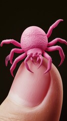 Close-up of a small, pink spider sitting on a human fingertip against a dark background. Generative ai