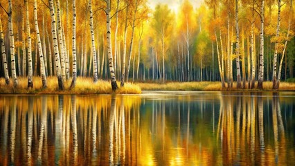 Abstract art acrylic oil painting of forest birch trees landscape with gold details and reflection of water from a lake at a tilted angle