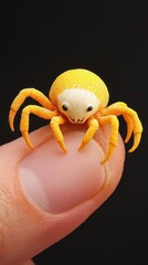Close-up of a tiny yellow spider with a human-like face on a person's fingertip against a black background.  Generative ai
