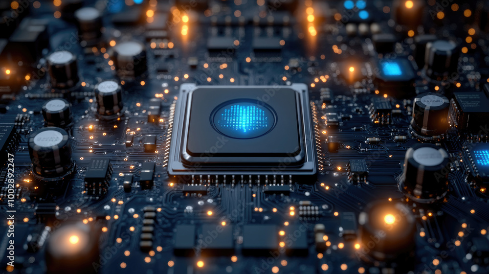 Poster this intricate circuit board features glowing components and a central chip, reflecting modern techn