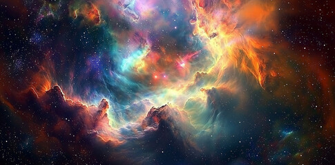 A colorful nebula with stars and swirling clouds, a fantasy illustration with a detailed rendering of the scene.