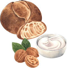 Sourdough with Greek yogurt and almond seeds, hand-drawn watercolor illustration