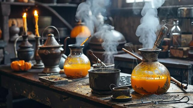 Rustic autumn kitchen: steaming potion bottles and harvest hues