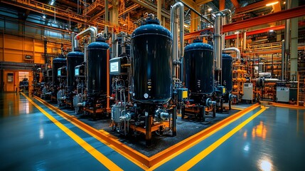 Obraz premium An image showcasing a chemical dosing station with large tanks and automated pumps dispensing chemicals into the treatment process. The setup is highly organized
