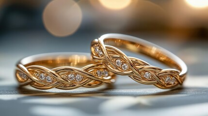 Design a long shot of two intricately intertwined, shimmering gold wedding rings symbolizing eternal love and commitment