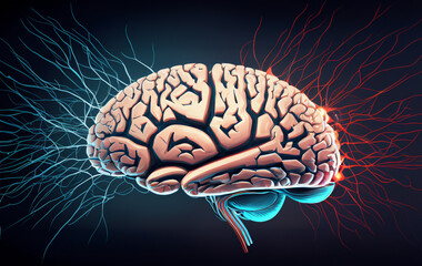 Illustration of stylized brain half red and blue on dark background AI