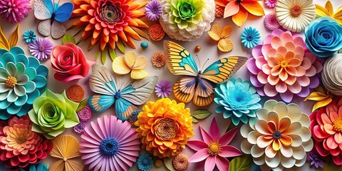 Abstract art background with colorful paper flowers and butterflies on light background Macro