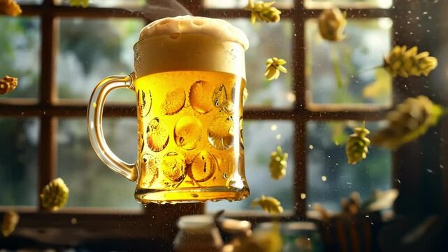 Refreshing lager beer in glass surrounded by floating hops in rustic brewery setting