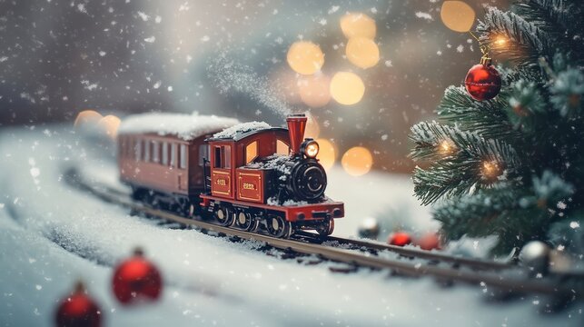 A festive toy train scene with snow, Christmas decorations, and warm bokeh lights.