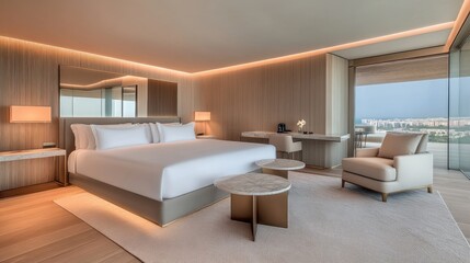 Elegant hotel room interior in Paris blending modern design with classic touches for a cozy ambiance