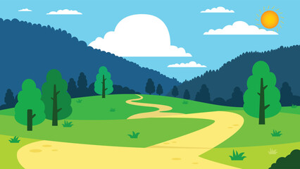 Cartoon nature landscape with road path. Beatiful nature concept.Mountainous road on summer bright sky